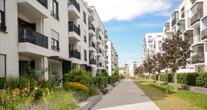 WEG-Wohnanlage mit Häusern, Bäumen und Zufahrt